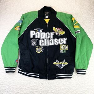 Paper Chaser Bomber Jacket Men’s 3XL Black Green Patch Varsity Zip Up Coat